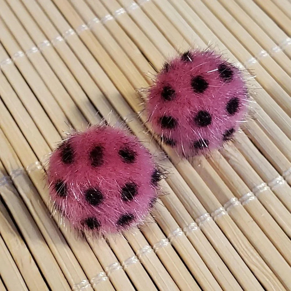 Faux Fur Fuzzy Polka Dot Earrings Pink Black - Picture 1 of 3